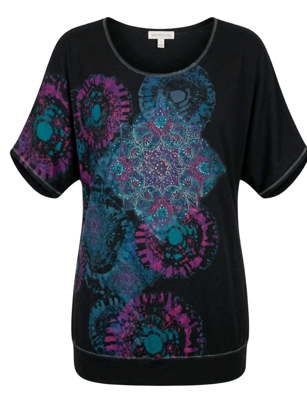 Fashion Bug Black Short-Sleeve Tee with Teal & Purple Medallion Print Size 1X